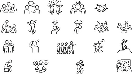 Fototapeta premium Editable stroke vector graphic illustration of various people interactions and emotions in a simple line style design