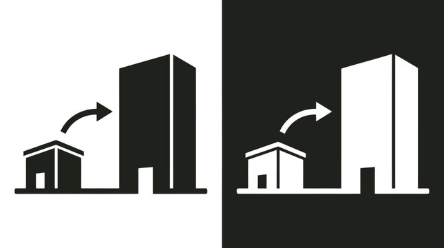 Vector graphic illustration of a house and skyscraper design with arrows
