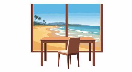 Fototapeta premium Interior room, wooden table, chair, offers expansive coastal view. Scene details sandy beach, blue ocean, palm trees, tranquil coastal view. Concept coastal view for travel, vacation rental,