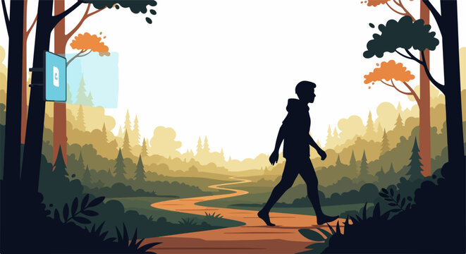 Person on forest walk trail, exploring peaceful nature. Illustration features silhouette figure on forest walk trail, winding path, stylized trees, foliage. Concept for forest walk trail, mindfulness,