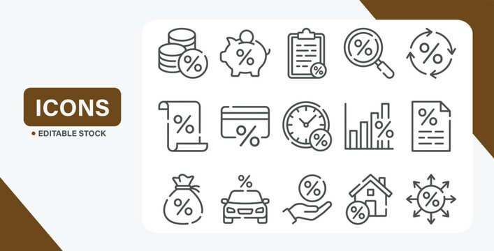 Loan, tax and fees line icons. Discount and Investment vector linear icon set.