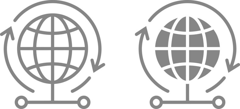 Vector graphic illustration of two grey globe icons with circular arrows on a white background showing global connection and rotation