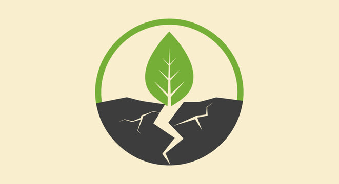 Green leaf emerging from cracked earth.