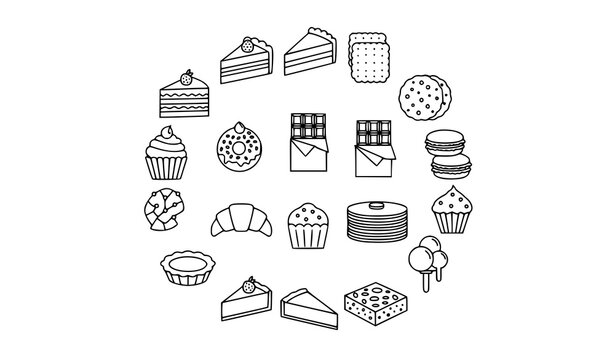 Circular dessert and bakery outline icons set with cakes cookies cupcakes and sweet treats vector illustration