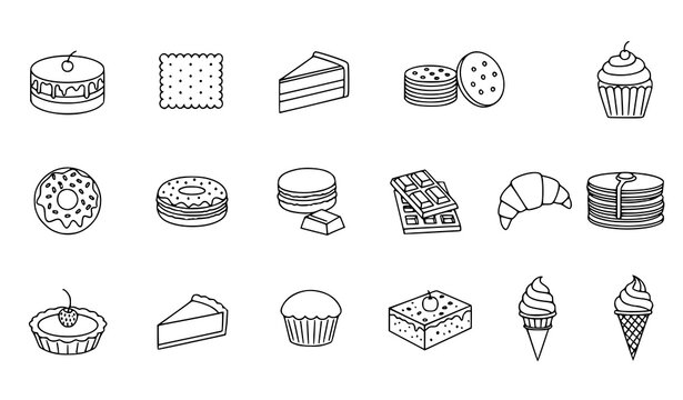 Modern dessert icons collection with cakes cookies cupcakes and bakery sweets scattered minimal vector illustration