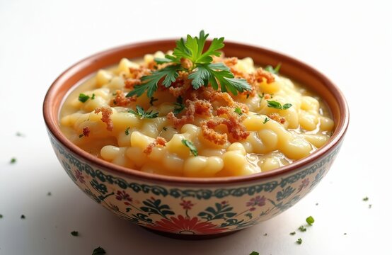 Wholesome daliya porridge served in decorative bowl. Creamy cereal dish garnished with herbs and crispy bits. Savory meal offers warm comfort and satisfying flavor.