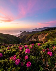 Fototapeta premium Stunning coastal sunset scene with rolling hills and blooming flowers