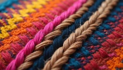 Fototapeta premium Closeup of multicolor woven fabric with braided threads in pink, blue, orange, yellow, and red hues. Intricate pattern displays native ethnic design. Crafts, textures, and materials.