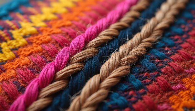 Closeup of multicolor woven fabric with braided threads in pink, blue, orange, yellow, and red hues. Intricate pattern displays native ethnic design. Crafts, textures, and materials.