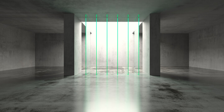 Empty concrete interior with vertical green neon light bars and reflective wet floor for futuristic background and interior design.3d render