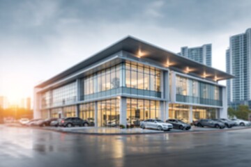 Fototapeta premium Modern illuminated commercial building exterior showcasing vehicles parked outside at dusk