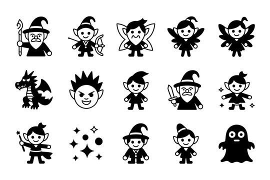 Vector of a collection of whimsical fantasy creatures and magical characters