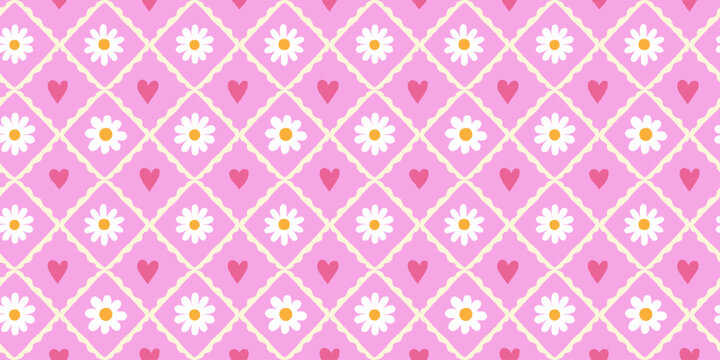 Vector hand drawn seamless pattern in simple doodle sketchy floral wavy and naive style, dopamine and cottage core aesthetic, girlie surface design with flowers and hearts