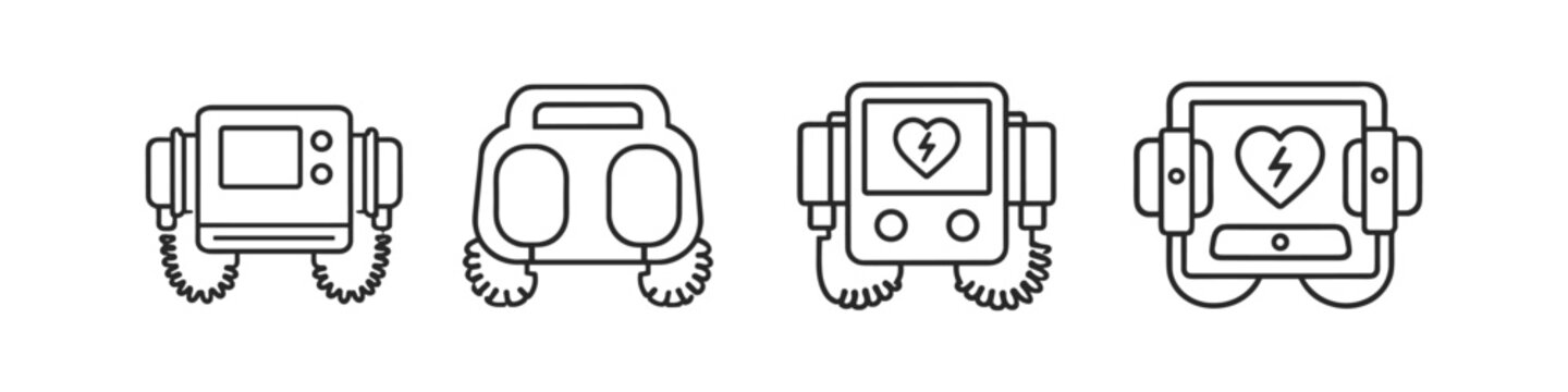 Collection of line art icons representing defibrillators and medical devices