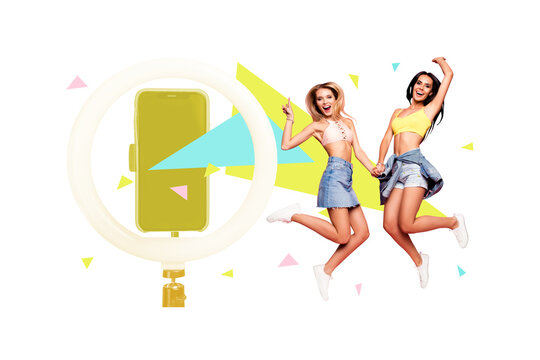 Composite photo collage of happy girls wear stylish sexy cloth blogging ring light iphone live stream shoot isolated on painted background