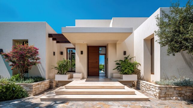 elite. Elegant luxury house entrance with clean lines and a blue sky backdrop. real-estate listings, architecture portfolios, designed for real-estate listing and luxury residence showcases.