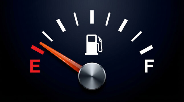 Close-up of a vehicle fuel gauge with the orange needle pointing to empty.