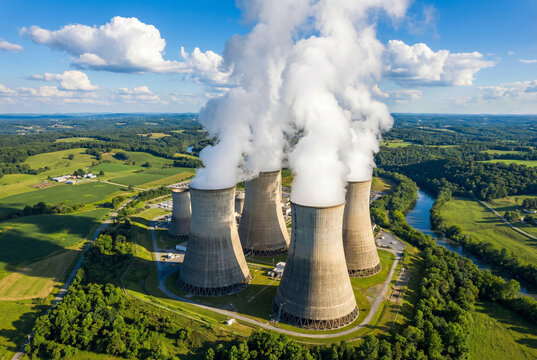 Aerial view of nuclear power plant cooling towers emitting steam in green rural landscape.