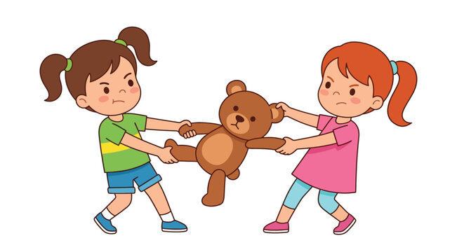 Two young girls fiercely pull on a shared teddy bear