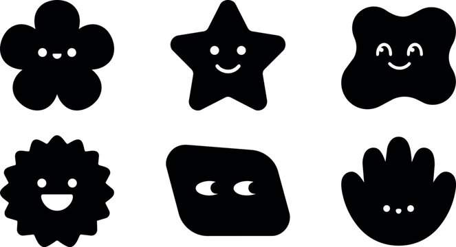 Vector cute smiling shapes set with flowers stars blobs and hand