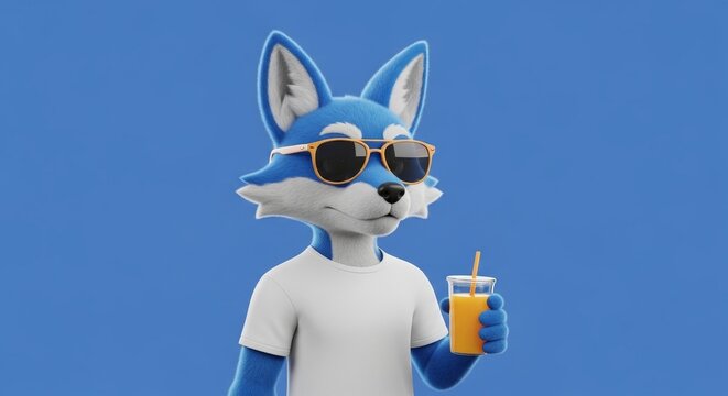 Cartoon wolf mascot with sunglasses drinks.