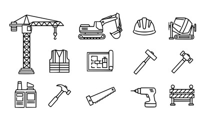 Fototapeta premium Black Construction Icons Set Vector Building and Industrial Tools Illustration