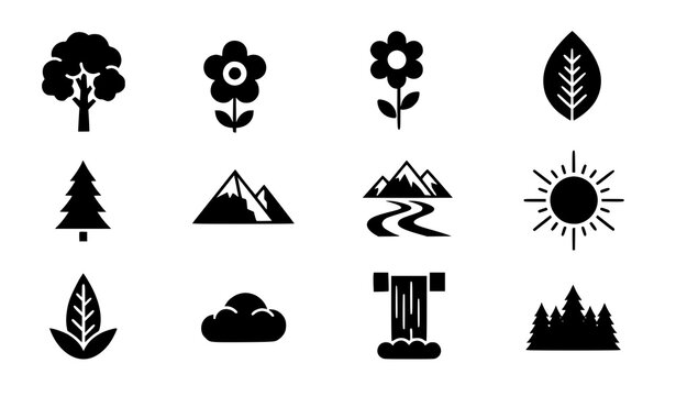 Nature Pictogram Icons Black Trees Plants Mountains Vector Illustration Set