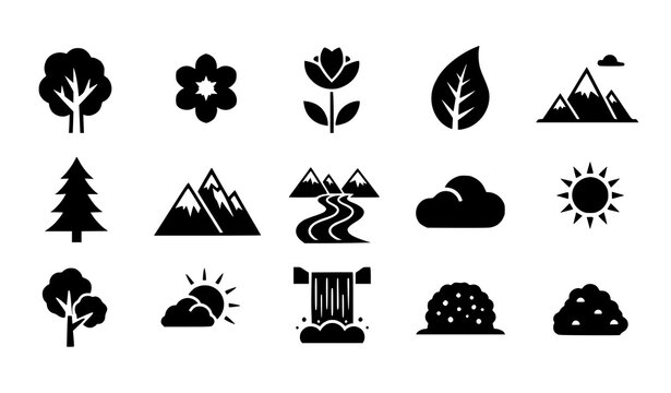 Nature Pictogram Icons Black Flat Vector Trees Plants Mountains River