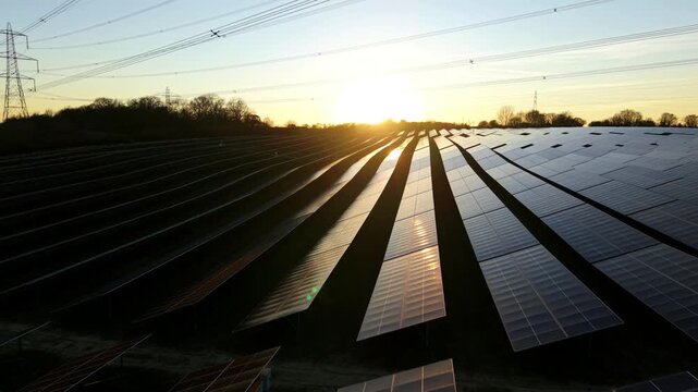 Low angle aerial view of solar panels at sunset in Tiln UK