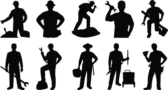 Silhouettes of various tradespeople and their tools