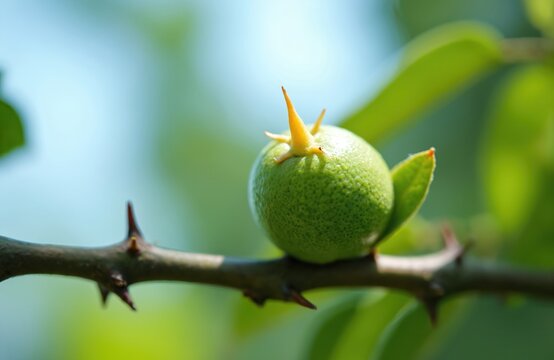 Small green citrus fruit grows on thorny branch of Poncirus trifoliata plant. Close-up of unripe lemon on shrub with soft green leaves and blurred blue sky background. Organic produce.