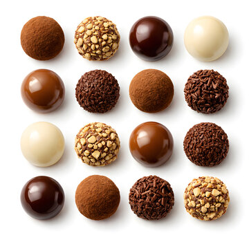 Chocolate Truffles Assorted Collection Set Isolated Gourmet Praline Candy Grid on White Background