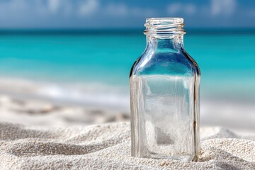 Obraz premium An empty glass bottle rests on a sandy beach with the turquoise ocean and blue sky in the background.