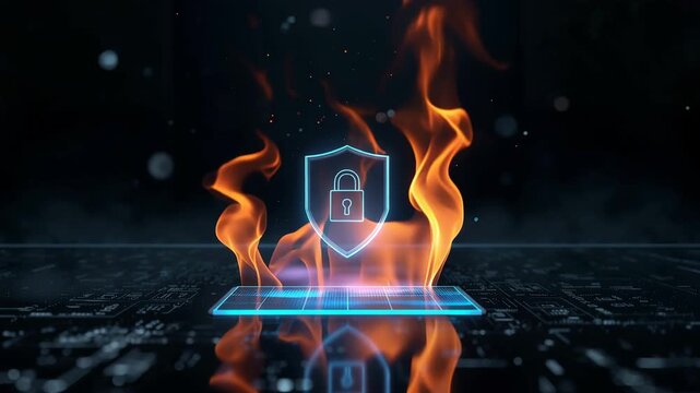 セキュリティの盾アイコンを炎が包むネット炎上のコンセプト表現
