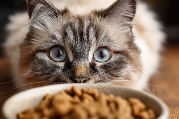 Naklejka premium Close-up portrait of a fluffy cat with striking blue eyes peering intently at a bowl of dry cat food.