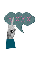 Fototapeta premium Poster image vertical photo collage of hand show peace gesture cut cloud password hacking access speech chatterbox icon message