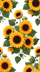 Fototapeta premium Colorful arrangement of vibrant, sunny blooms with green leaves and stems, set against a plain white backdrop
