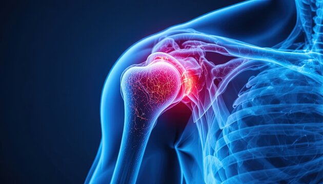 X-Ray View of Shoulder Joint with Highlighted Pain Area, Medical Illustration for Shoulder Injury Awareness and Health Content