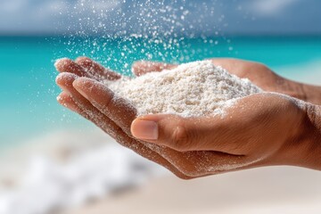 Fototapeta premium Close-up of hands holding fine white sand with turquoise ocean and blue sky in the background.
