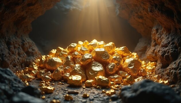 Pile of shiny gold nuggets inside dark cave with sun rays. Natural ore deposit offers wealth discovery and treasure hunt adventure vibes. Valuable mineral wealth.