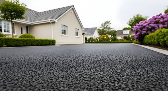 Gravel Driveway Surface Outside A Suburban House With Bushes And Flowers