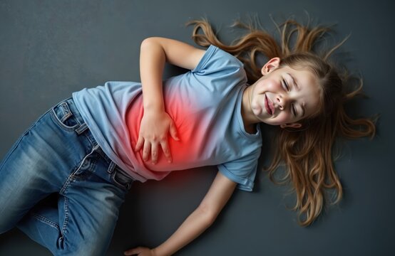 Young girl experiences discomfort lying on floor. Clutches abdomen showing signs of pain. Illustration childhood illness possibly bladder infection fever. Medical concept focuses on pediatric health.