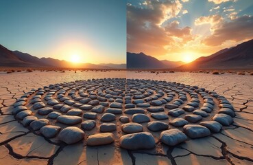 Fototapeta premium Diptych shows spiral stone path on cracked dry earth. One side bright sun, other has sunset. Mountains frame arid desert landscape. Nature art composition.