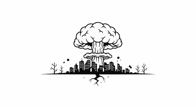Nuclear explosion mushroom cloud above city skyline with cracked earth below