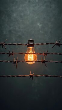 Glowing light bulb caught in rusty barbed wire. Idea trapped by restrictions. Symbol of blocked progress, unexpressed creativity. Concept of overcoming barriers. Business challenge personal struggle.