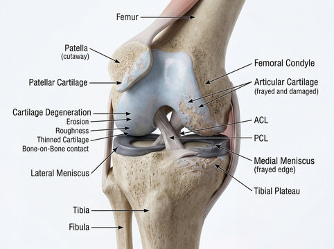 Detailed 3D Cutaway of Knee Joint Showing Cartilage Wear and Tear