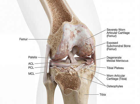 Detailed 3D illustration of a human knee joint with severe osteoarthritis and cartilage wear