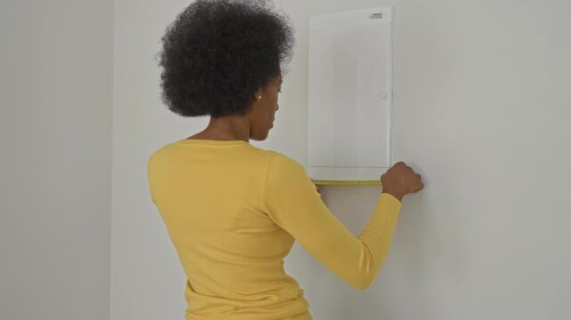 Woman holding a yellow tape measure and measuring a white electrical panel on an interior apartment wall in a building; home measurement contemplation.