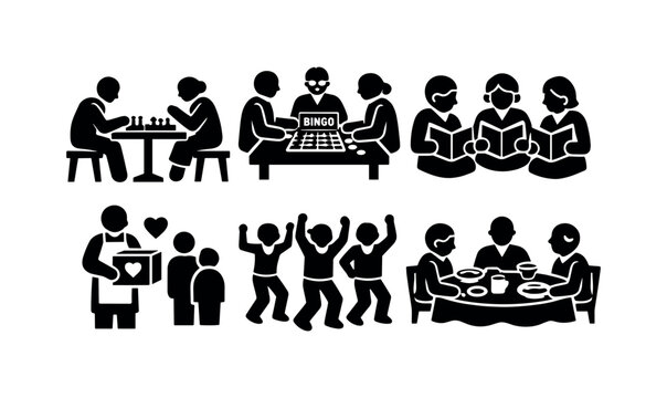 Senior community icon set. seniors playing chess, bingo, reading, volunteering, dancing and dining together. line, flat and colored vector icon set.