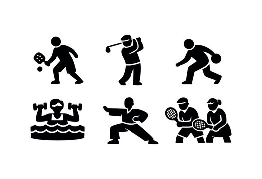Senior sports icon set. active elderly activities, pickleball, golf, bowling, water exercise, tai chi, tennis doubles, recreation. flat vector illustration.